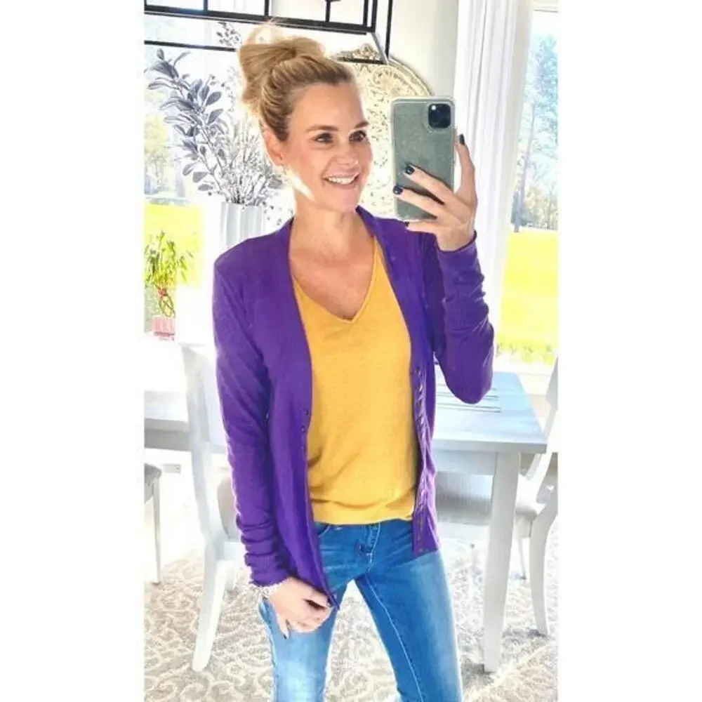 NEW Boutique Purple Long Sleeve Lightweight Snap Front Ribbed Sweater Cardigan